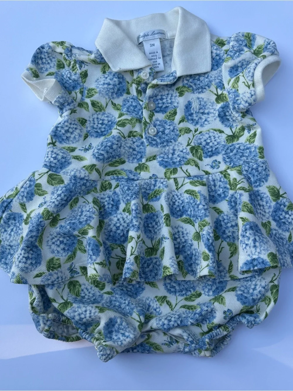 Ralph Lauren Baby Romper with Blue Floral Hydrangea Print